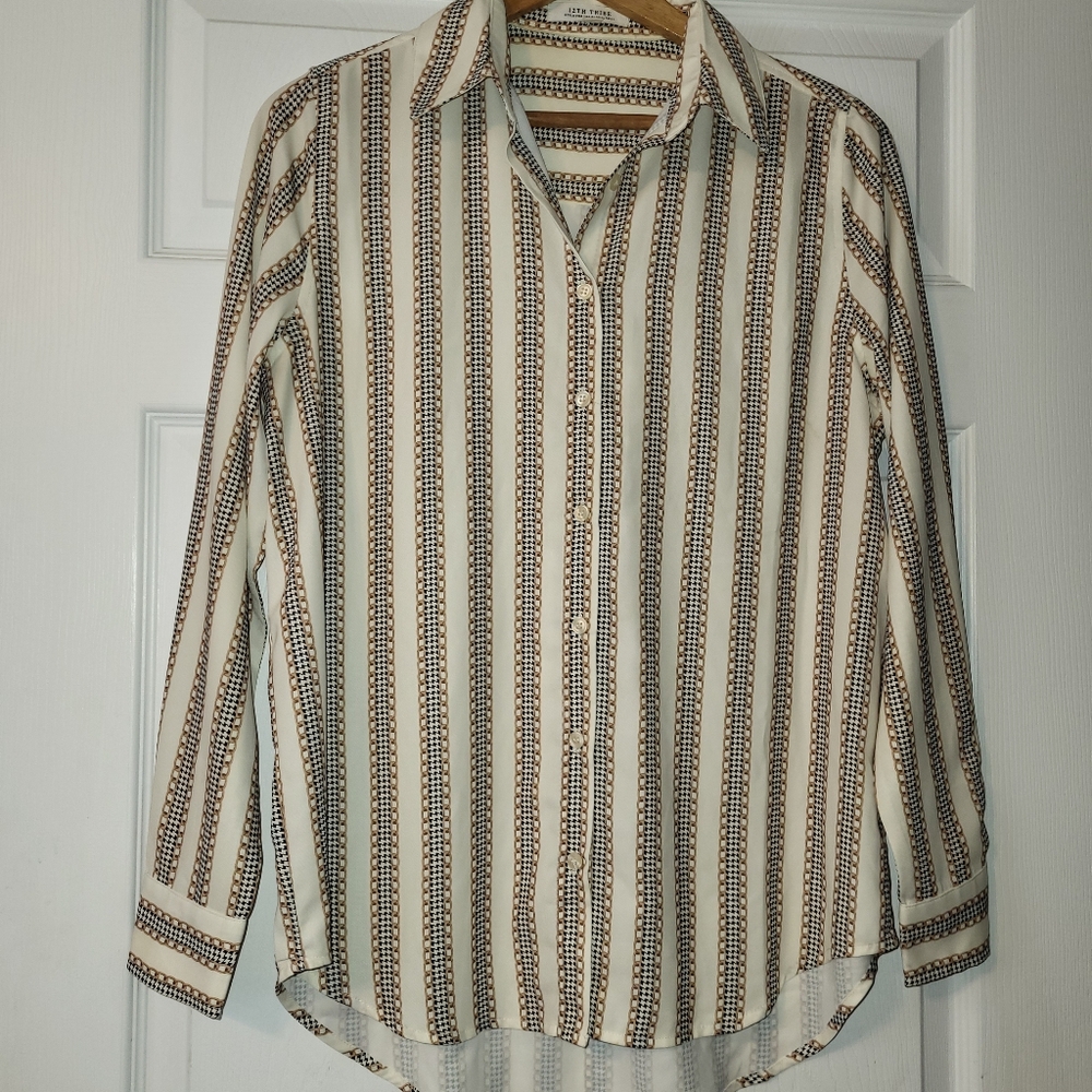 12th Tribe Classic Blouse Women's‎ Size Medium Gold Chain Houndstooth Print